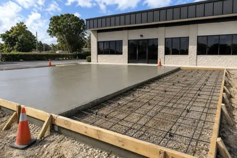 Commercial concrete apron under construction with rebar grid and safety cones