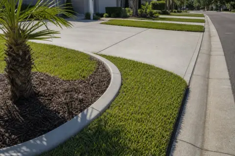 Freshly extruded landscape curbing arcing between lawn and a mulched palm bed