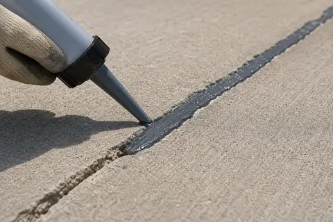 Routed crack in a concrete slab being filled with flexible sealant