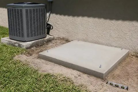 Fresh concrete equipment pad with anchor bolts beside an AC condenser