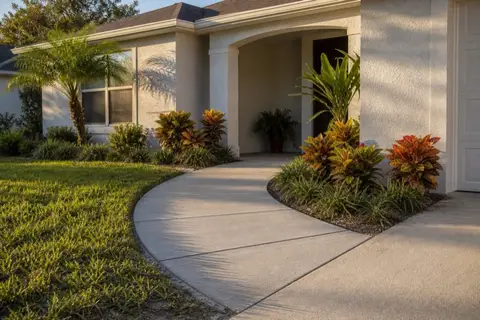 Curved broom-finished concrete walkway leading to a covered Florida entry porch